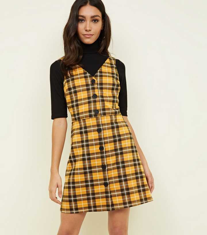 Yellow Check Button Through Pinafore Dress