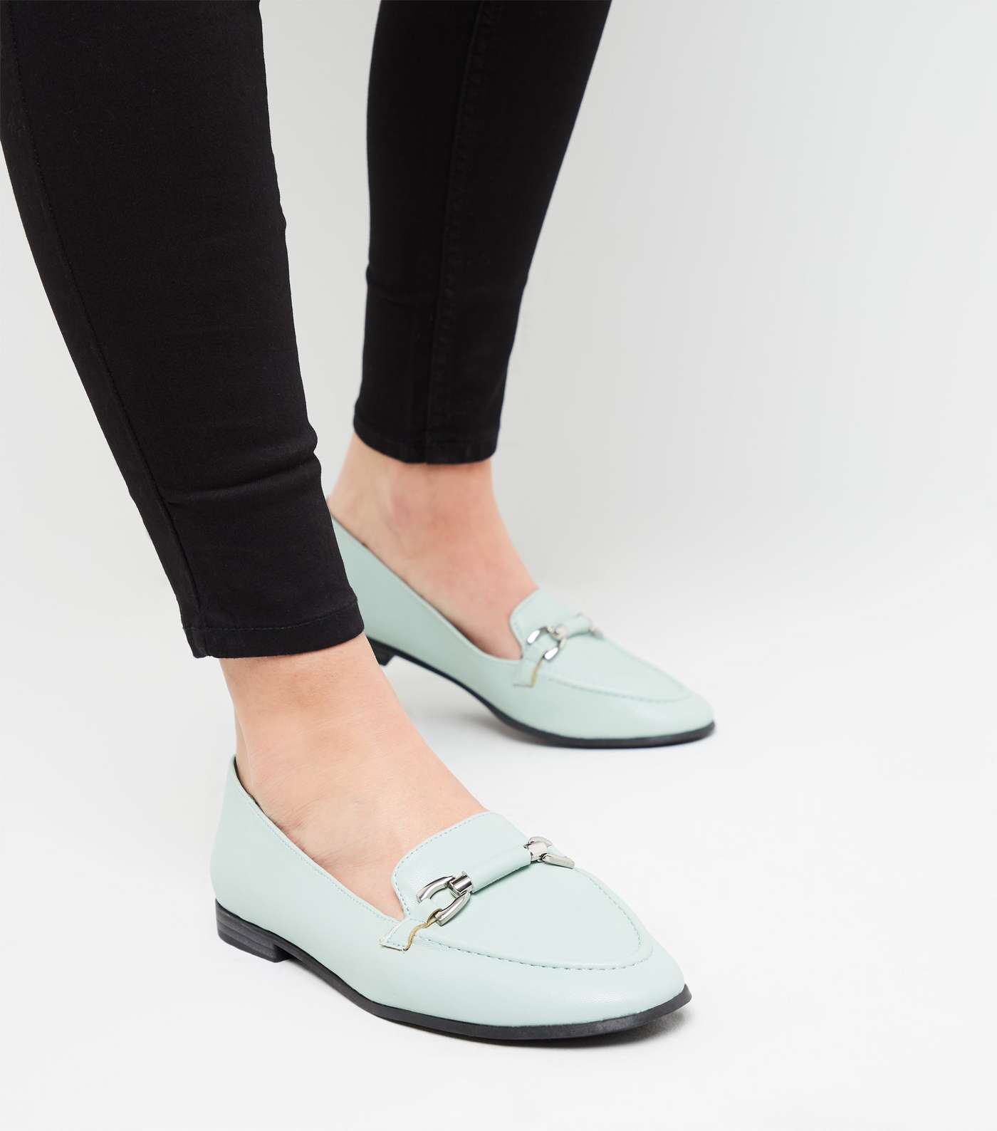 Mint Green Leather-Look Bar Front Loafers Image 2