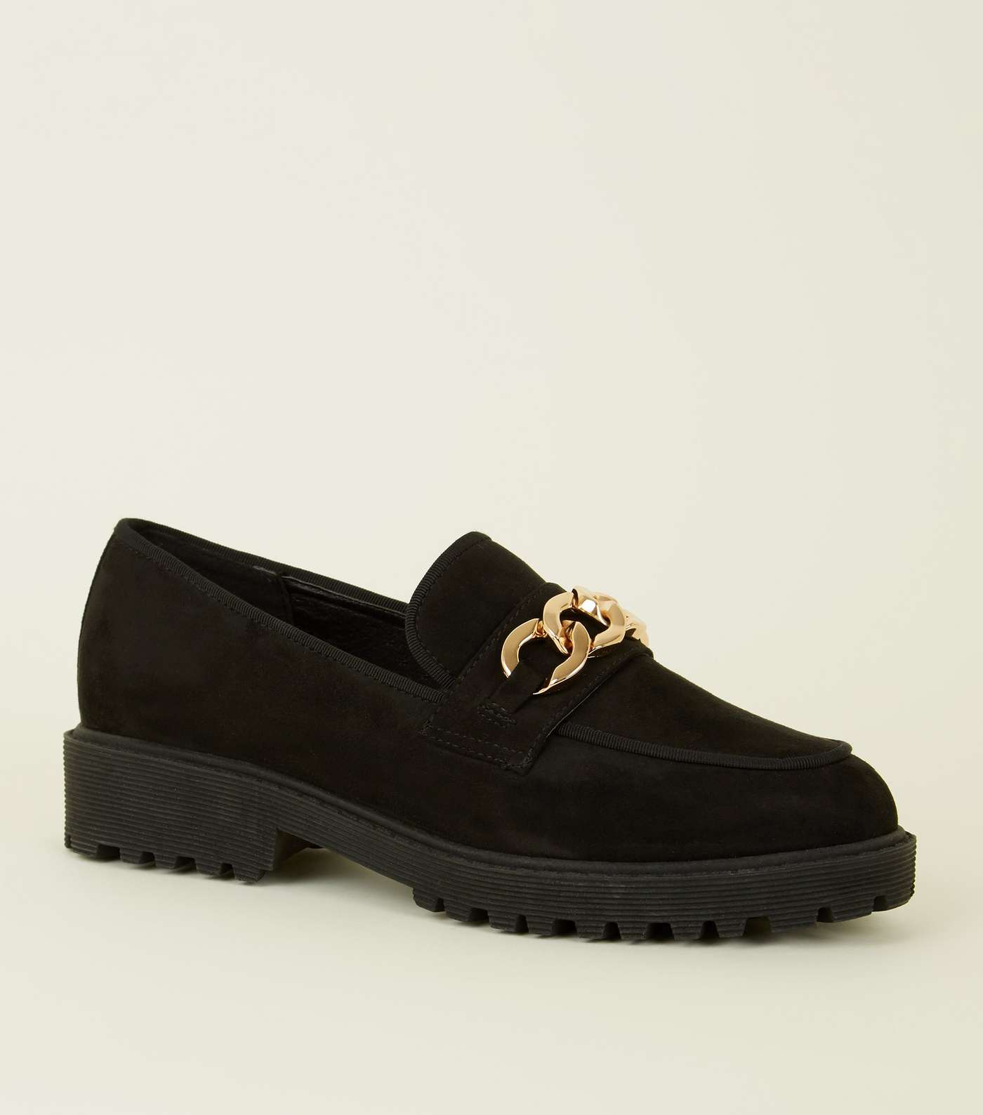 Black Suedette Chain Trim Chunky Loafers