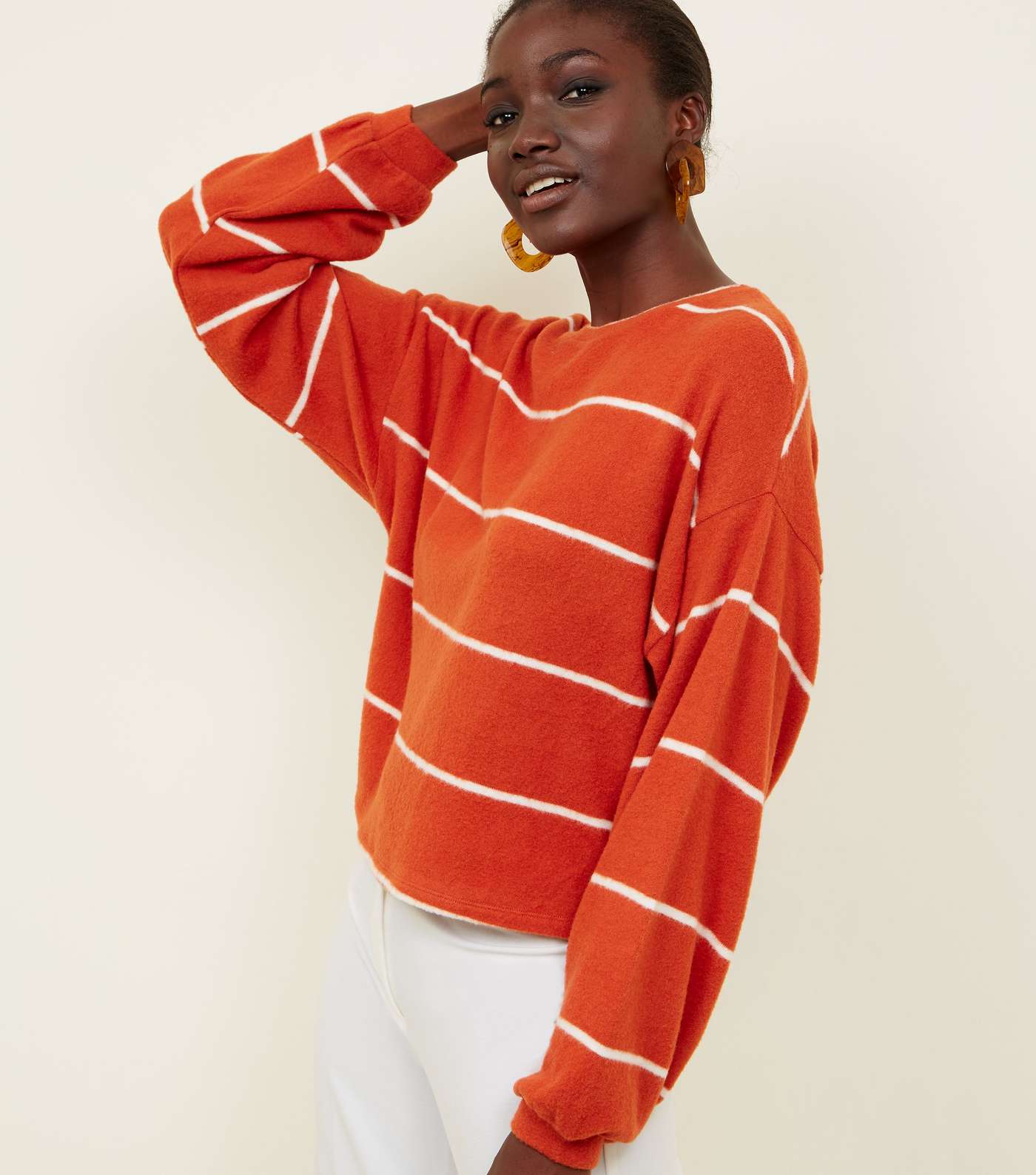 Orange Stripe Brushed Fine Knit Balloon Sleeve Top