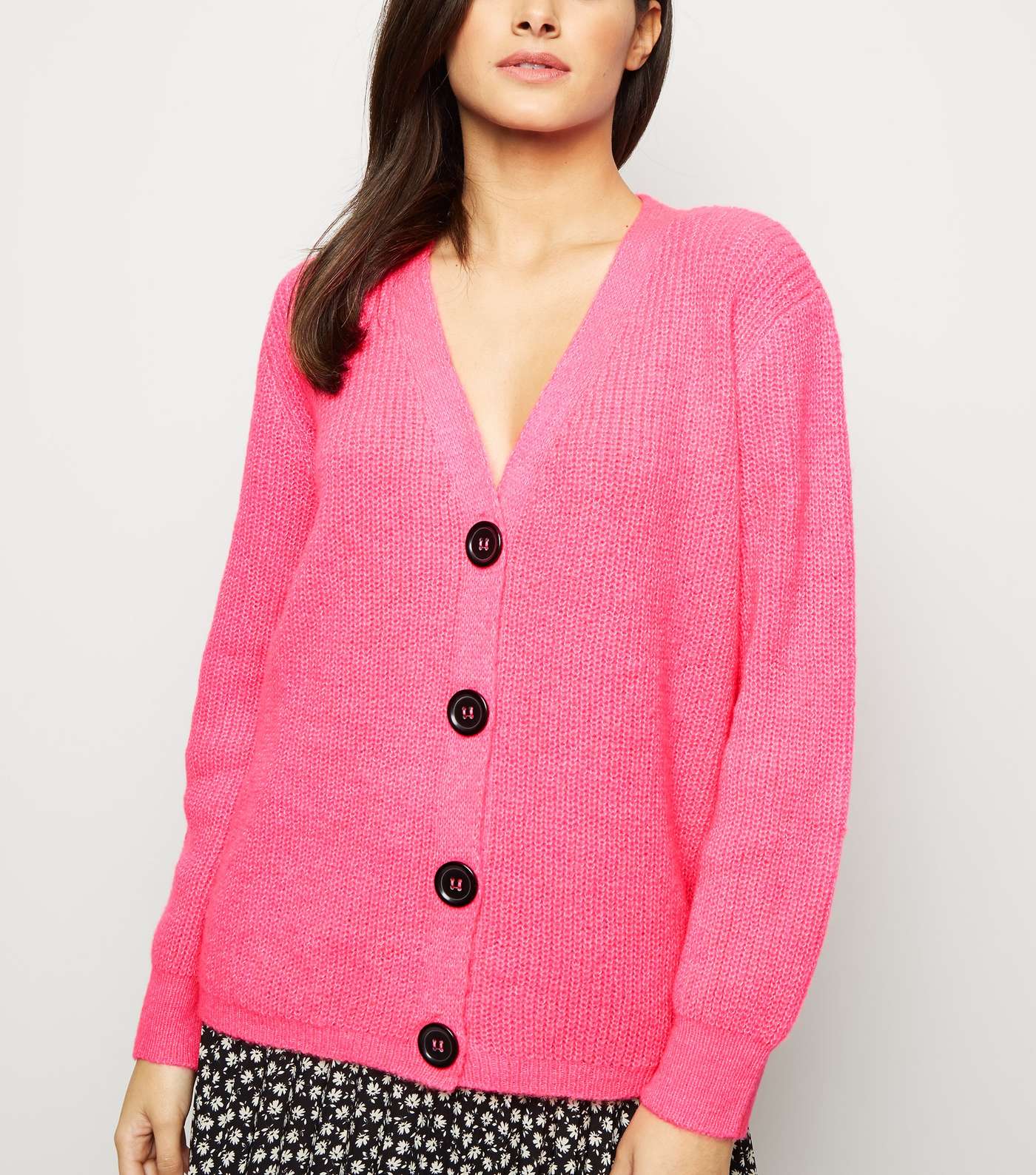 Bright Pink Rib Knit Button Through Cardigan