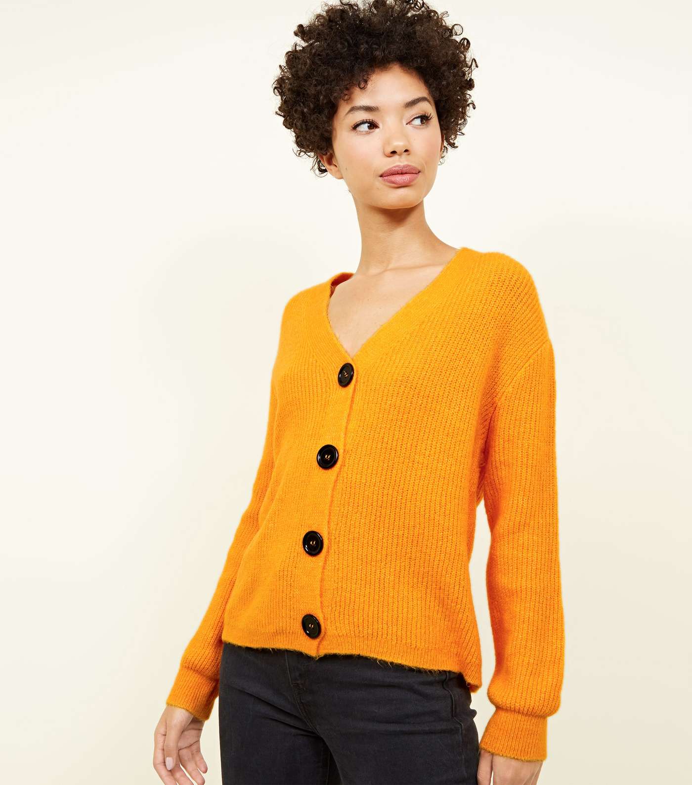 Bright Orange Rib Knit Button Through Cardigan