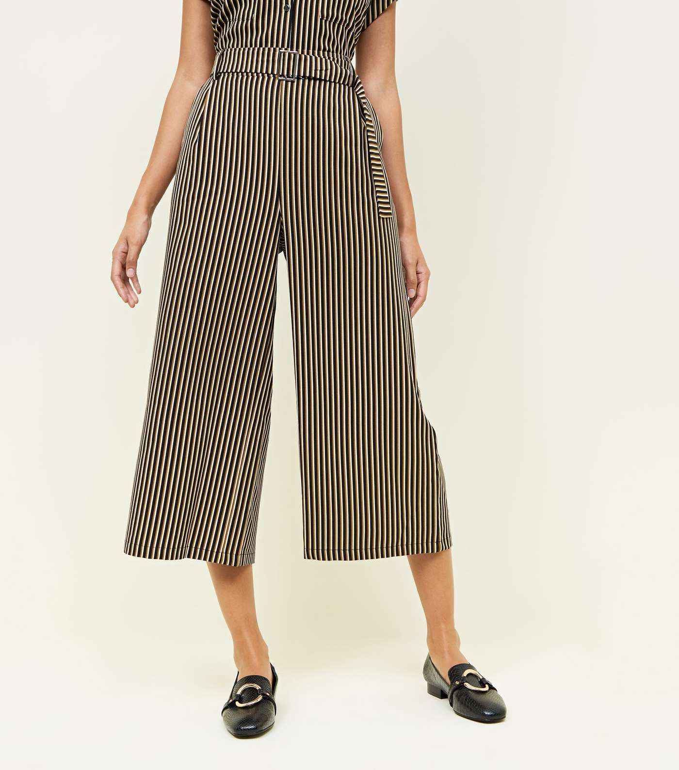 Black Stripe Twill Belted Culottes Image 2