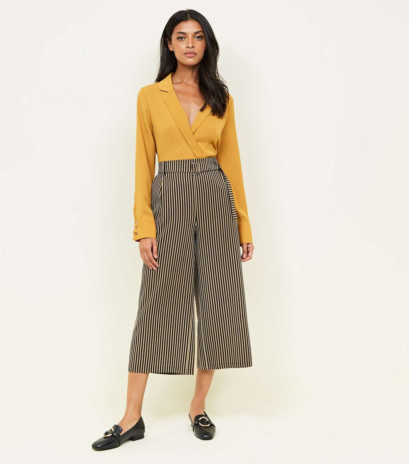 Black Stripe Twill Belted Culottes Image 6