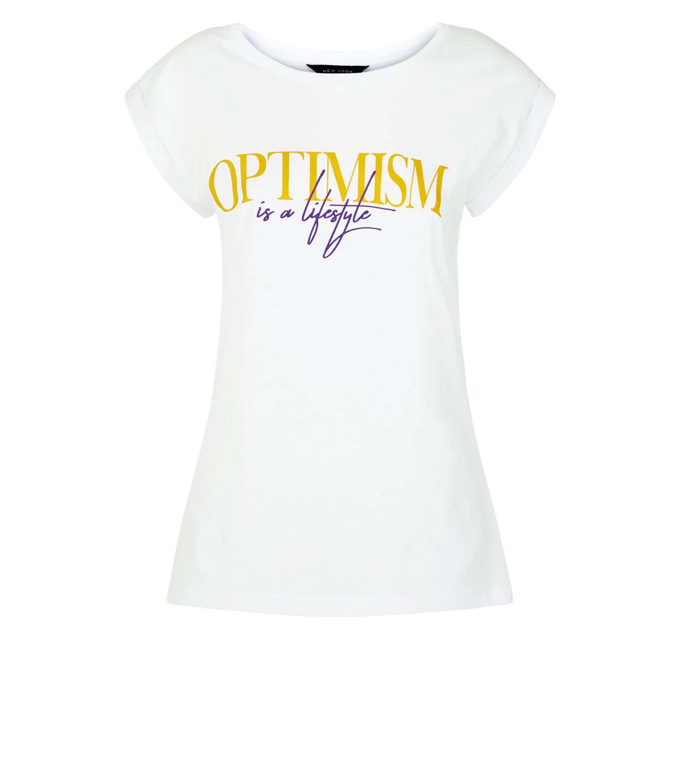 White Cap Sleeve Optimism Slogan T-Shirt Image 4
