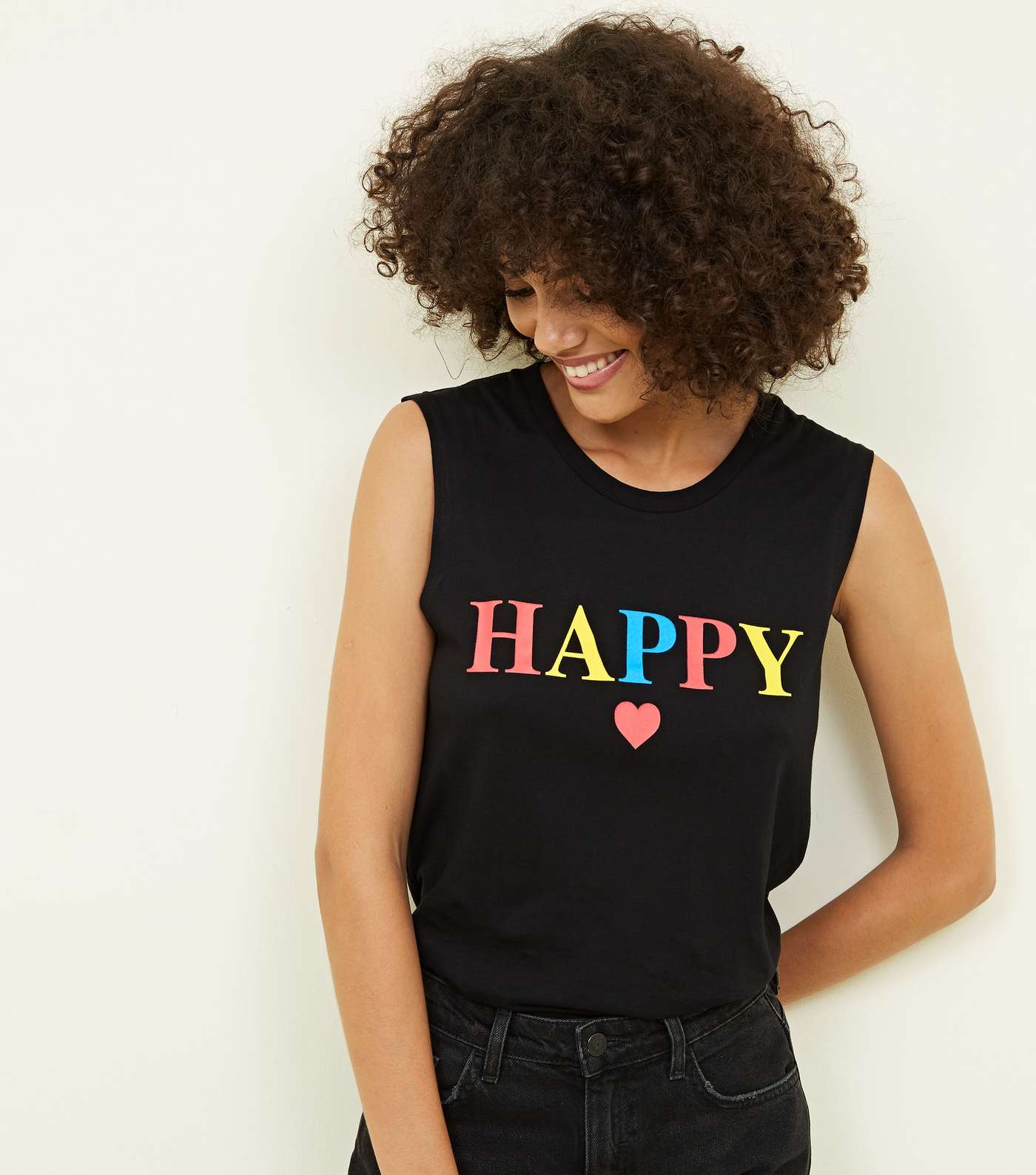 Black Happy Rainbow Print Tank Top