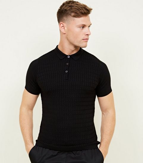black cable knit shot sleeve polo new look