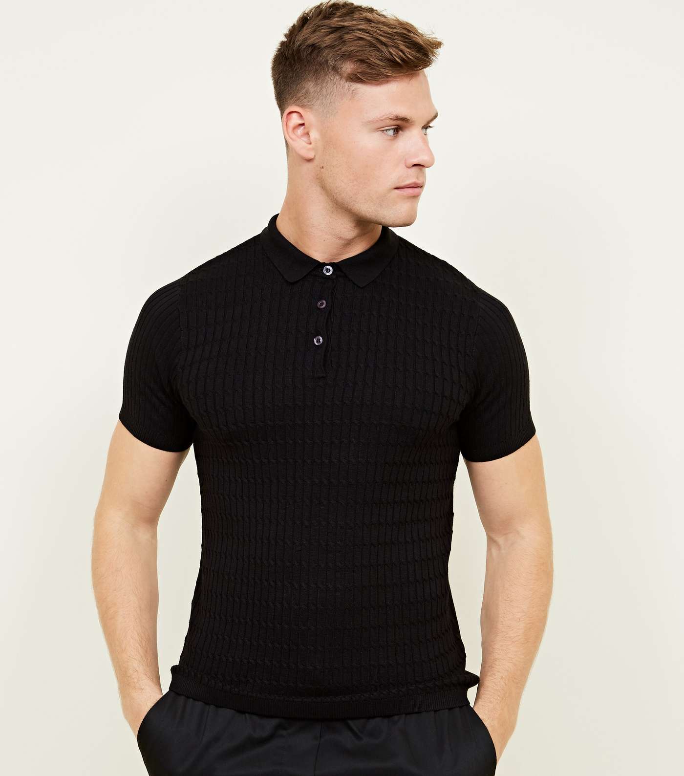 Black Cable Knit Polo Shirt
