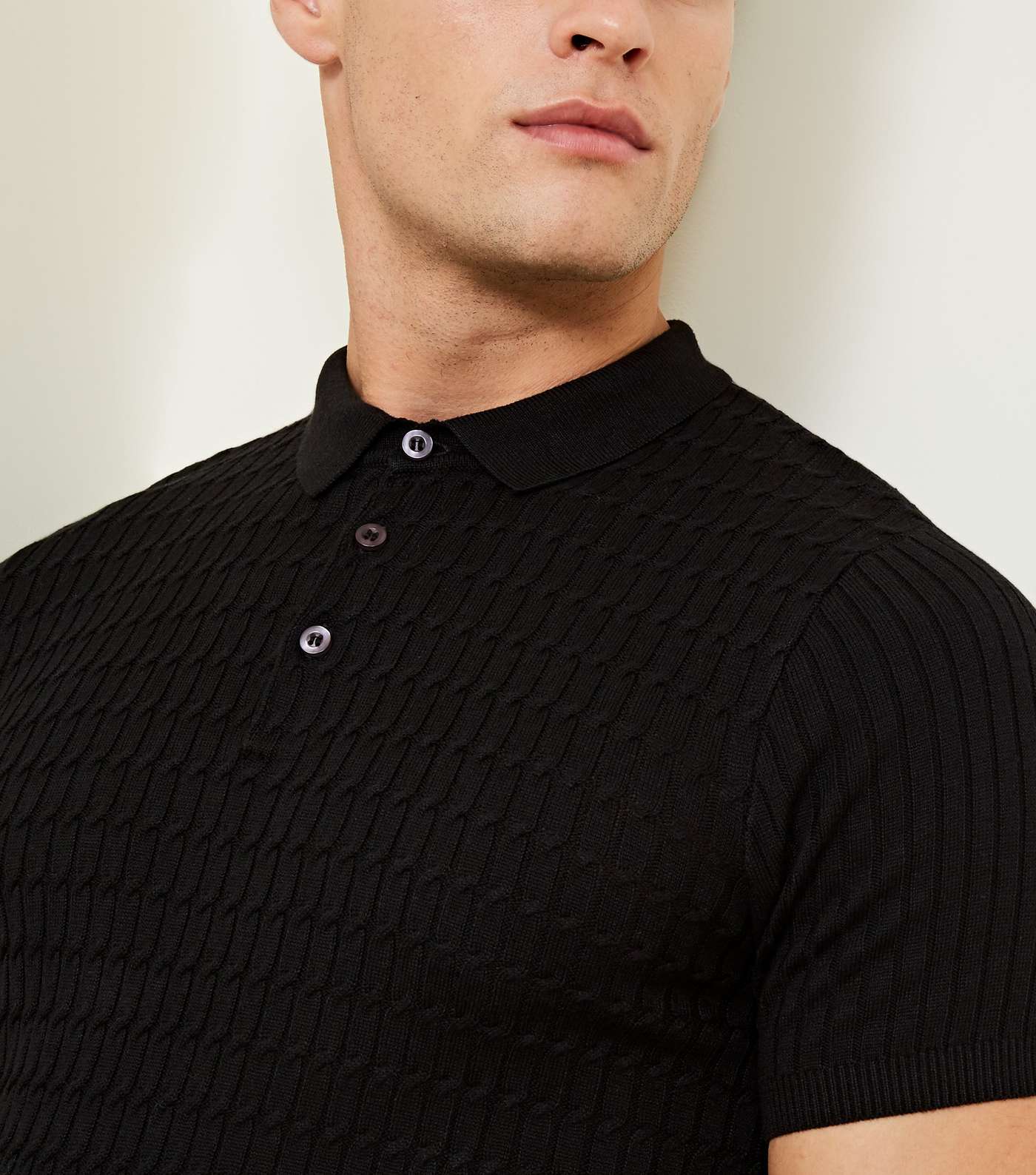 Black Cable Knit Polo Shirt Image 5