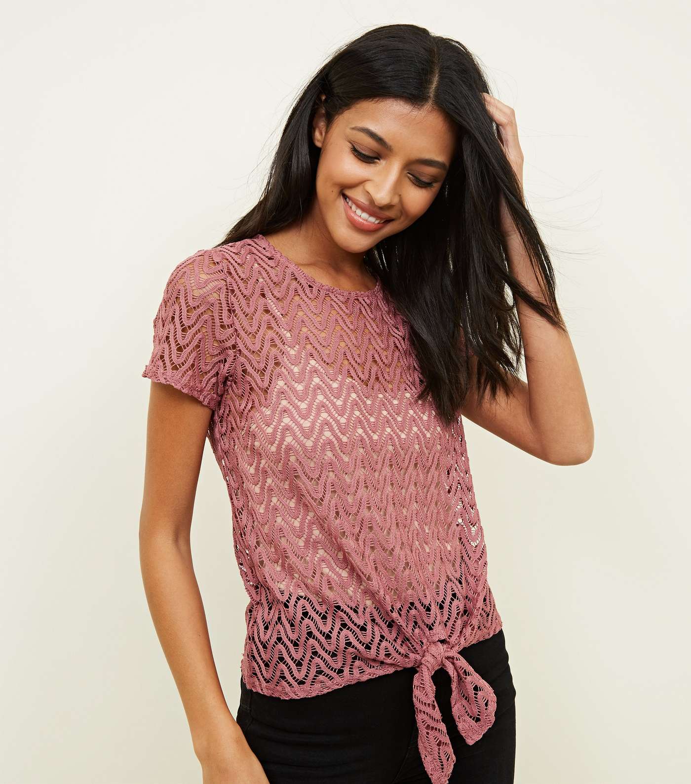 Mid Pink Zig Zag Crochet Tie Front T-Shirt