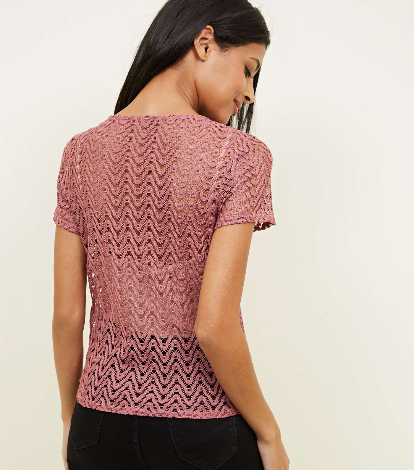 Mid Pink Zig Zag Crochet Tie Front T-Shirt Image 3