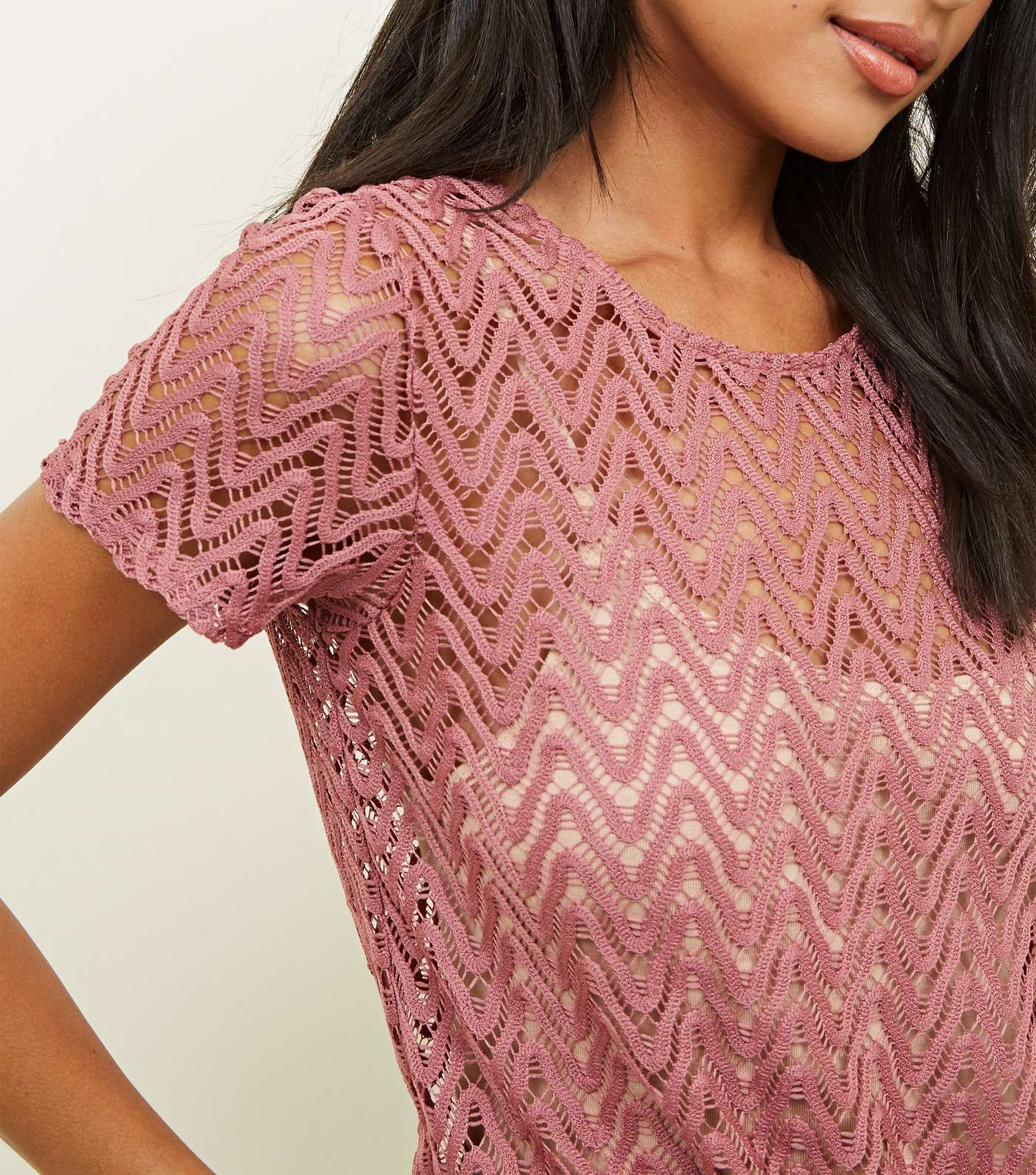 Mid Pink Zig Zag Crochet Tie Front T-Shirt Image 5