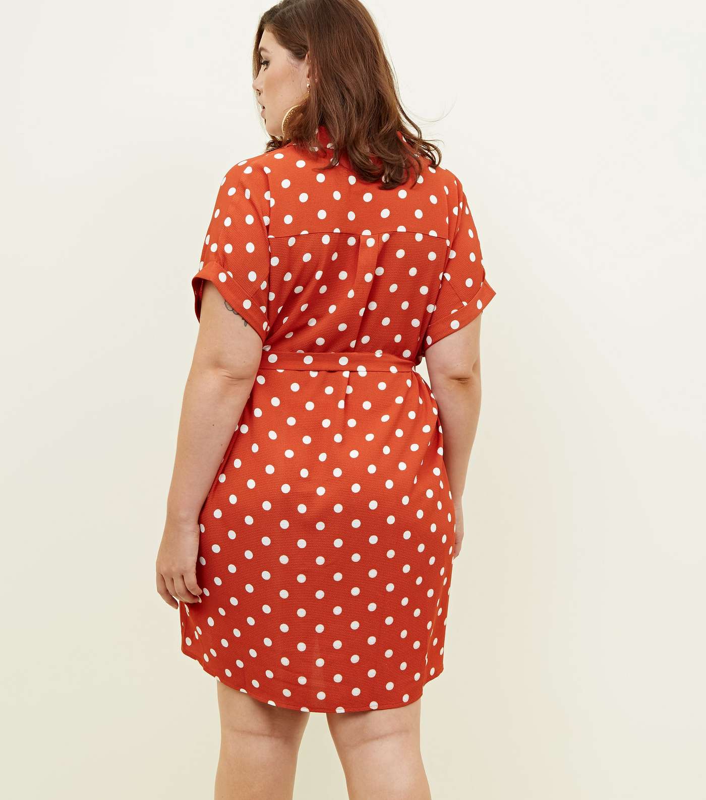 Curves Rust Polka Dot Shirt Dress Image 3