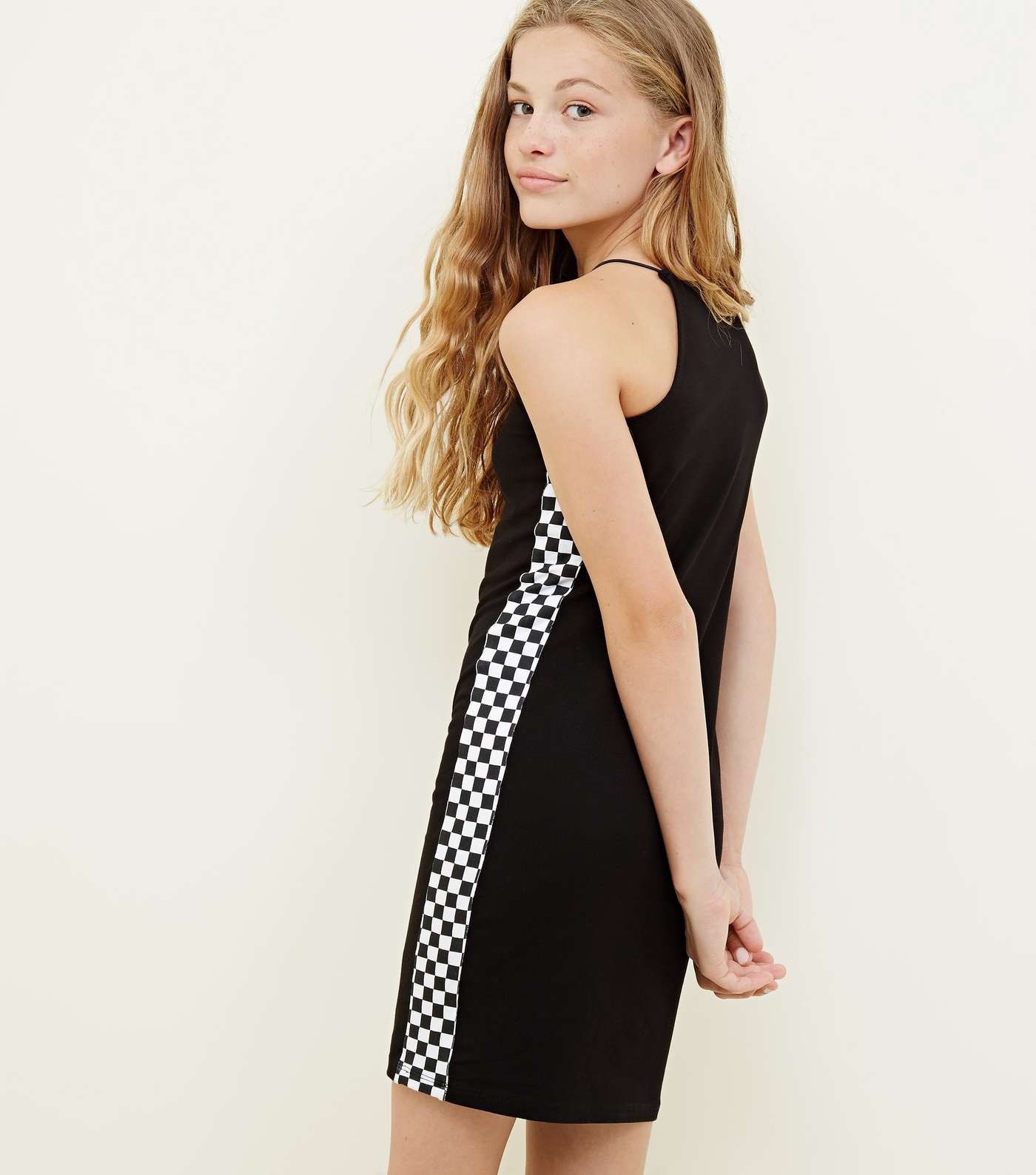 Girls Black Checkerboard Side Bodycon Dress  Image 3