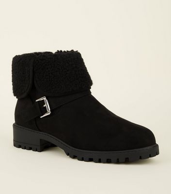 Black Suedette Teddy Lined Ankle Boots 
