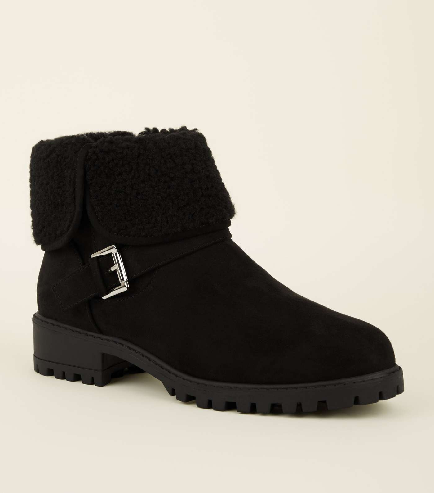 Girls Black Suedette Teddy Lined Ankle Boots