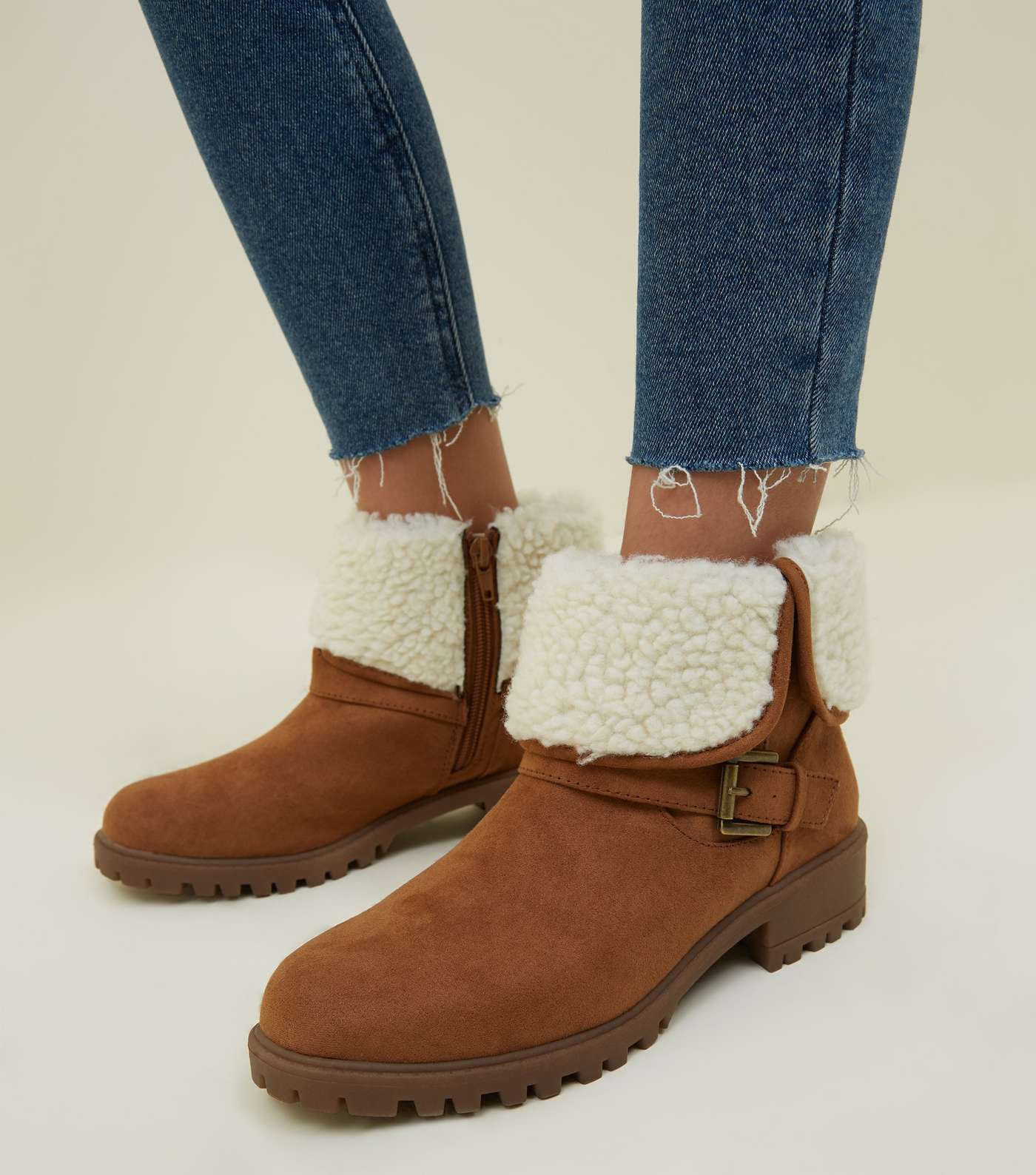 Girls Tan Suedette Teddy Lined Ankle Boots Image 2