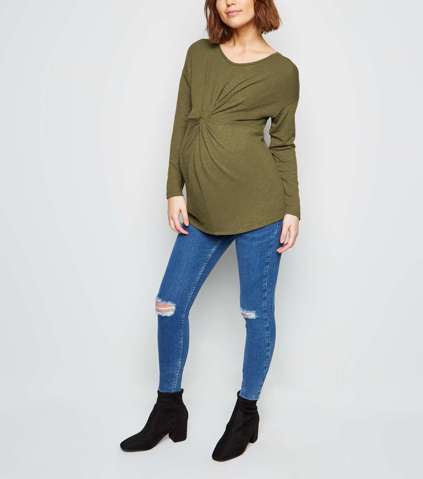 Maternity Olive Fine Knit Twist Front Top Image 2