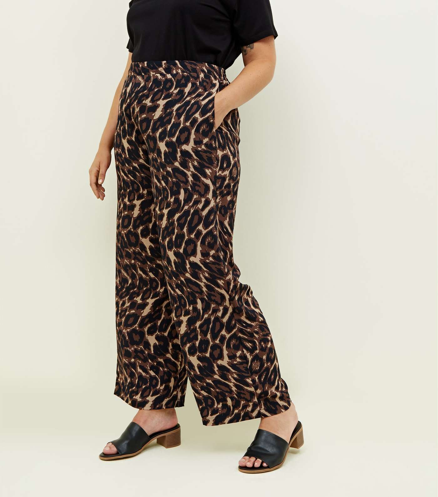 Curves Brown Leopard Print Wide Leg Trousers Image 2