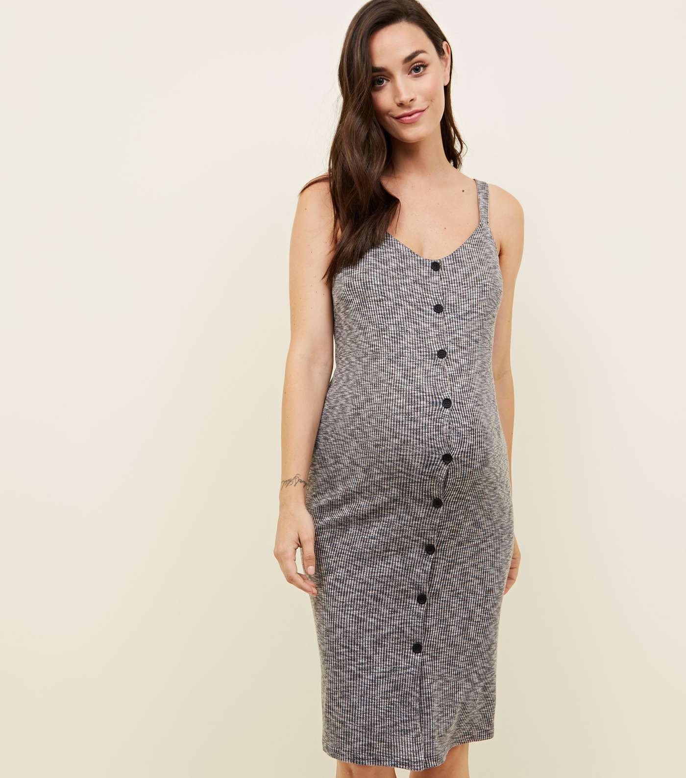 Maternity Grey Ribbed Button through Midi Dress
