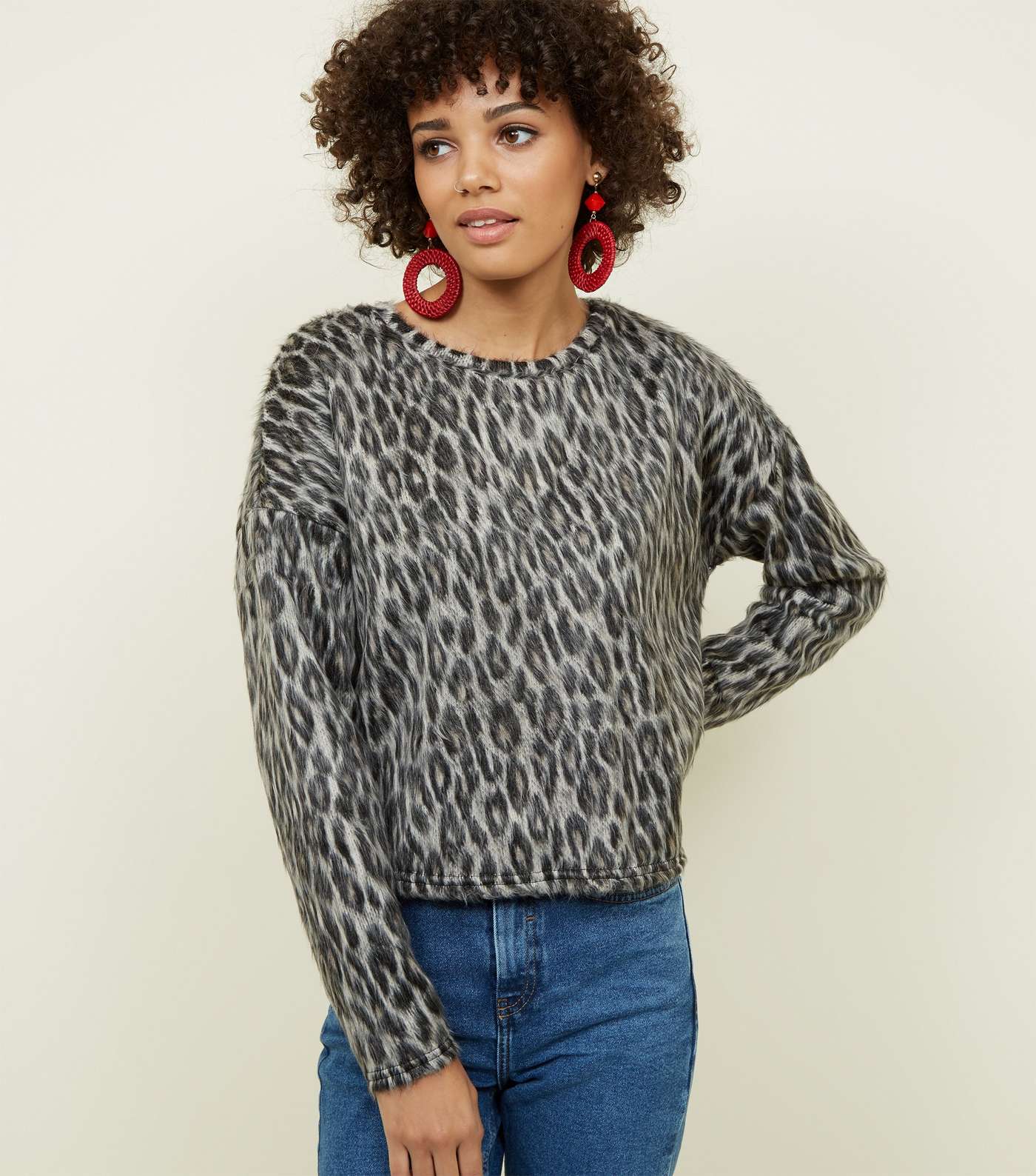 Grey Leopard Print Brushed Fine Knit Top