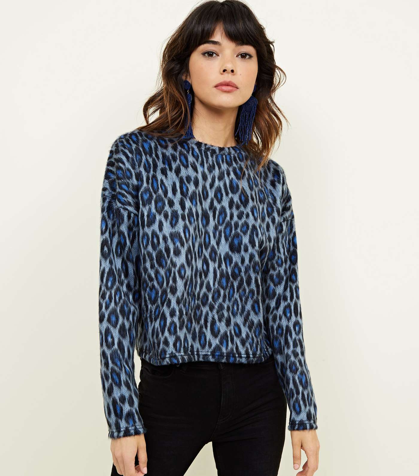 Blue Brushed Fine Knit Leopard Print Top