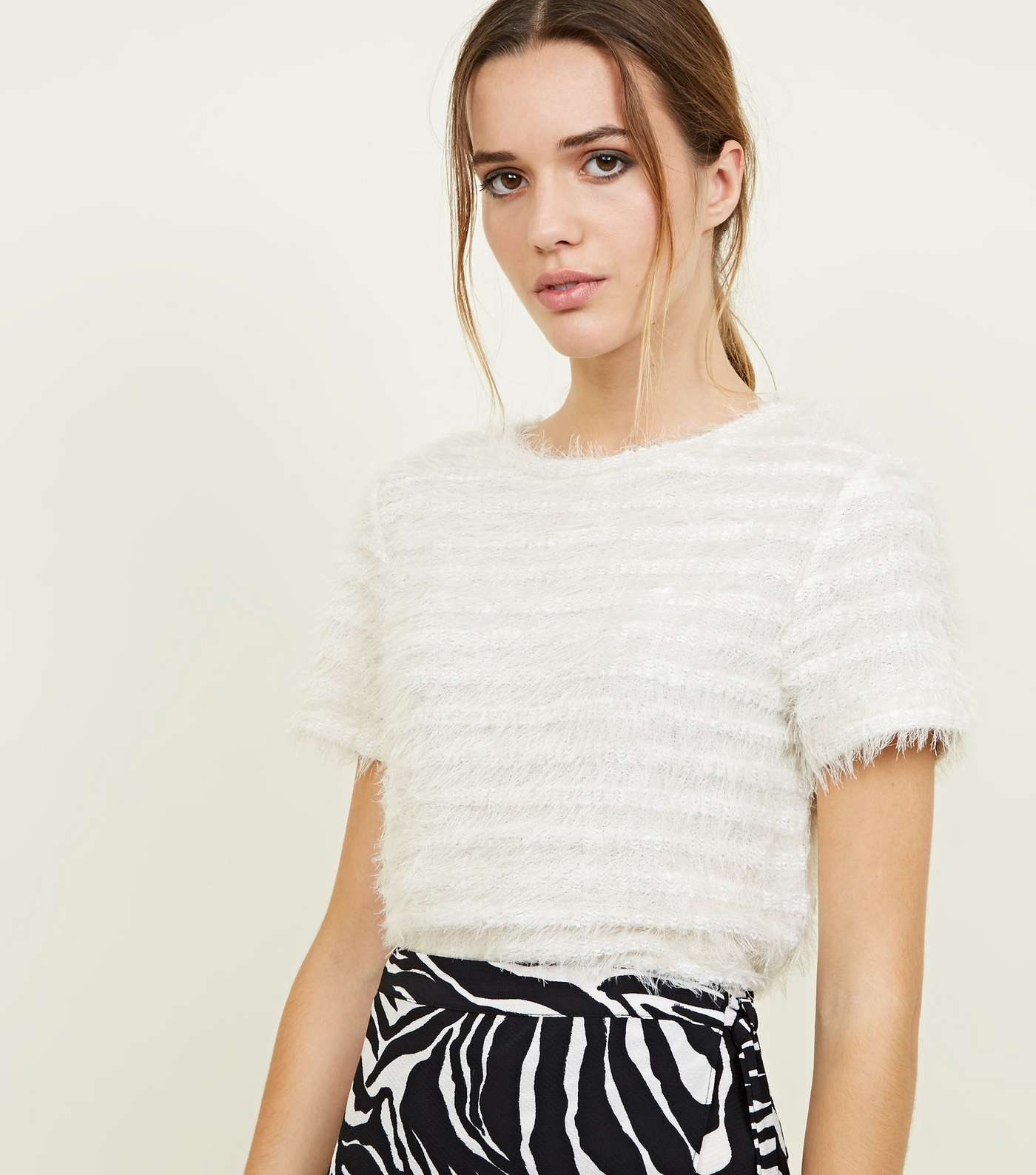 Cream Fluffy Stripe Fine Knit T-Shirt