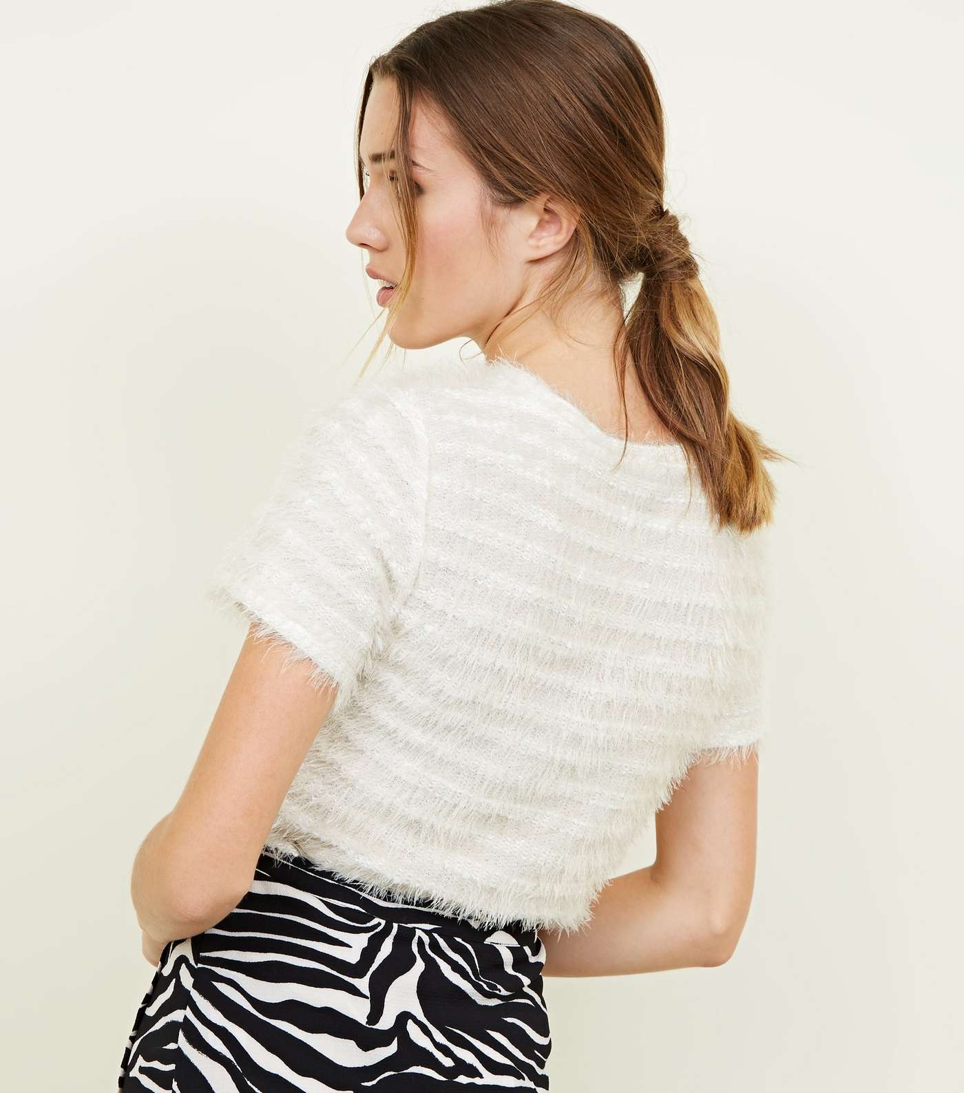 Cream Fluffy Stripe Fine Knit T-Shirt Image 3