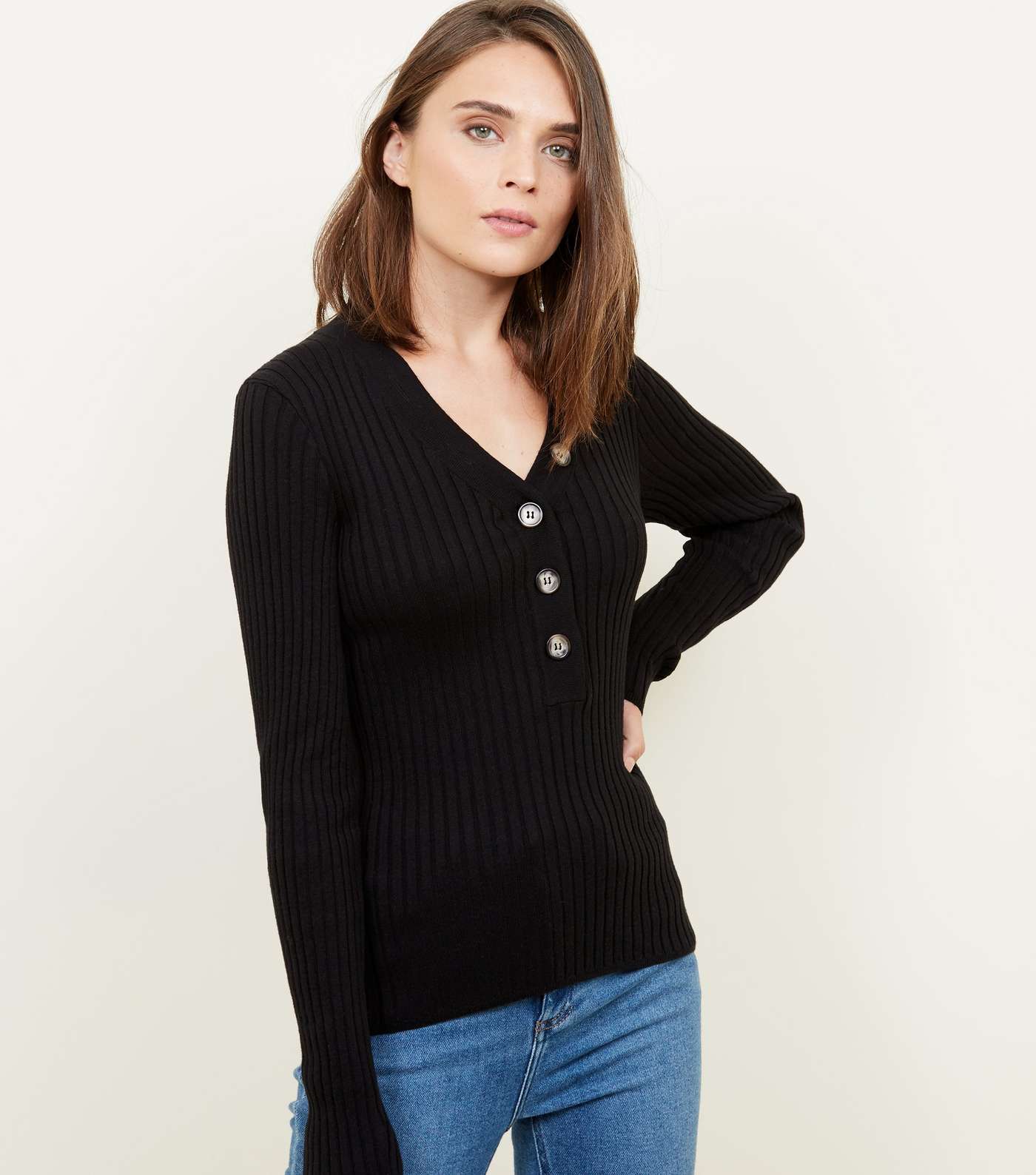 Black Ribbed Button Front Jumper