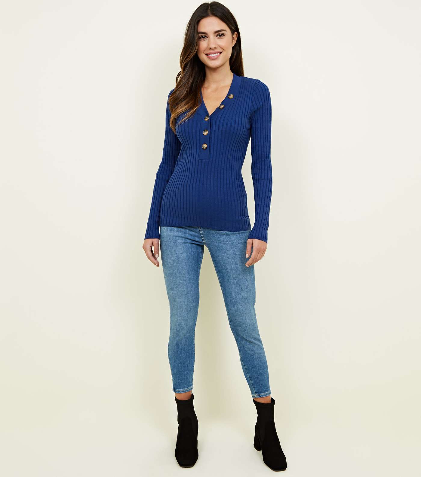 Navy Ribbed Button Front Jumper  Image 2