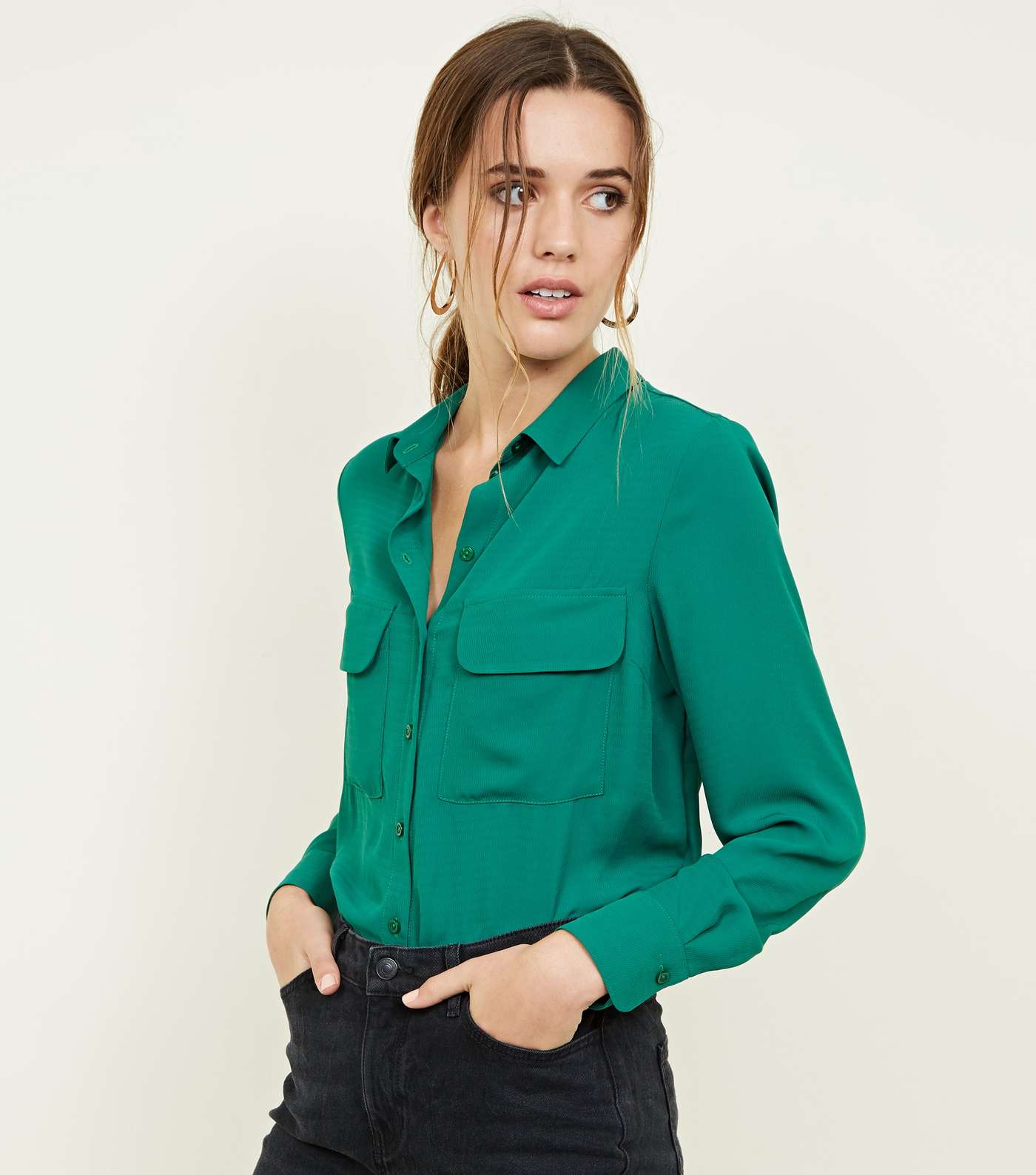 Green Pocket Front Crepe Shirt
