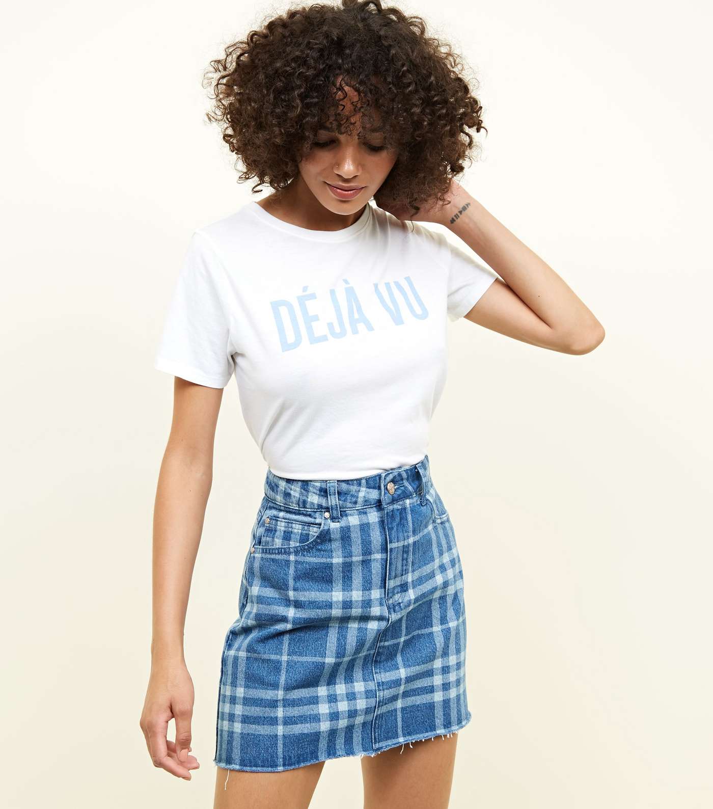 Blue Check Denim Mini Skirt