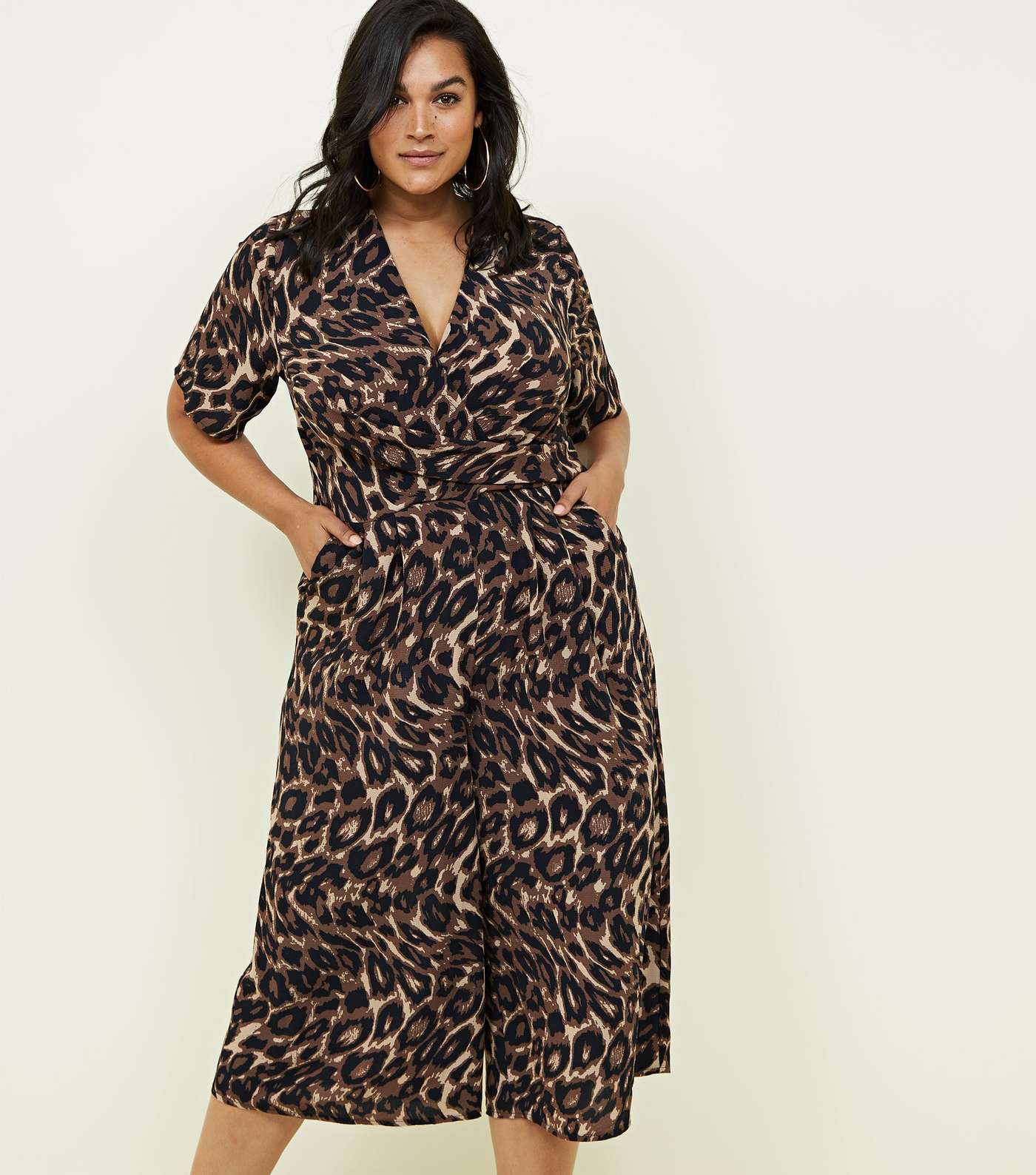 Curves Brown Leopard Print Wrap Front Jumpsuit