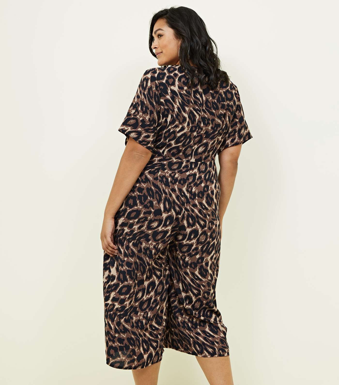 Curves Brown Leopard Print Wrap Front Jumpsuit Image 3