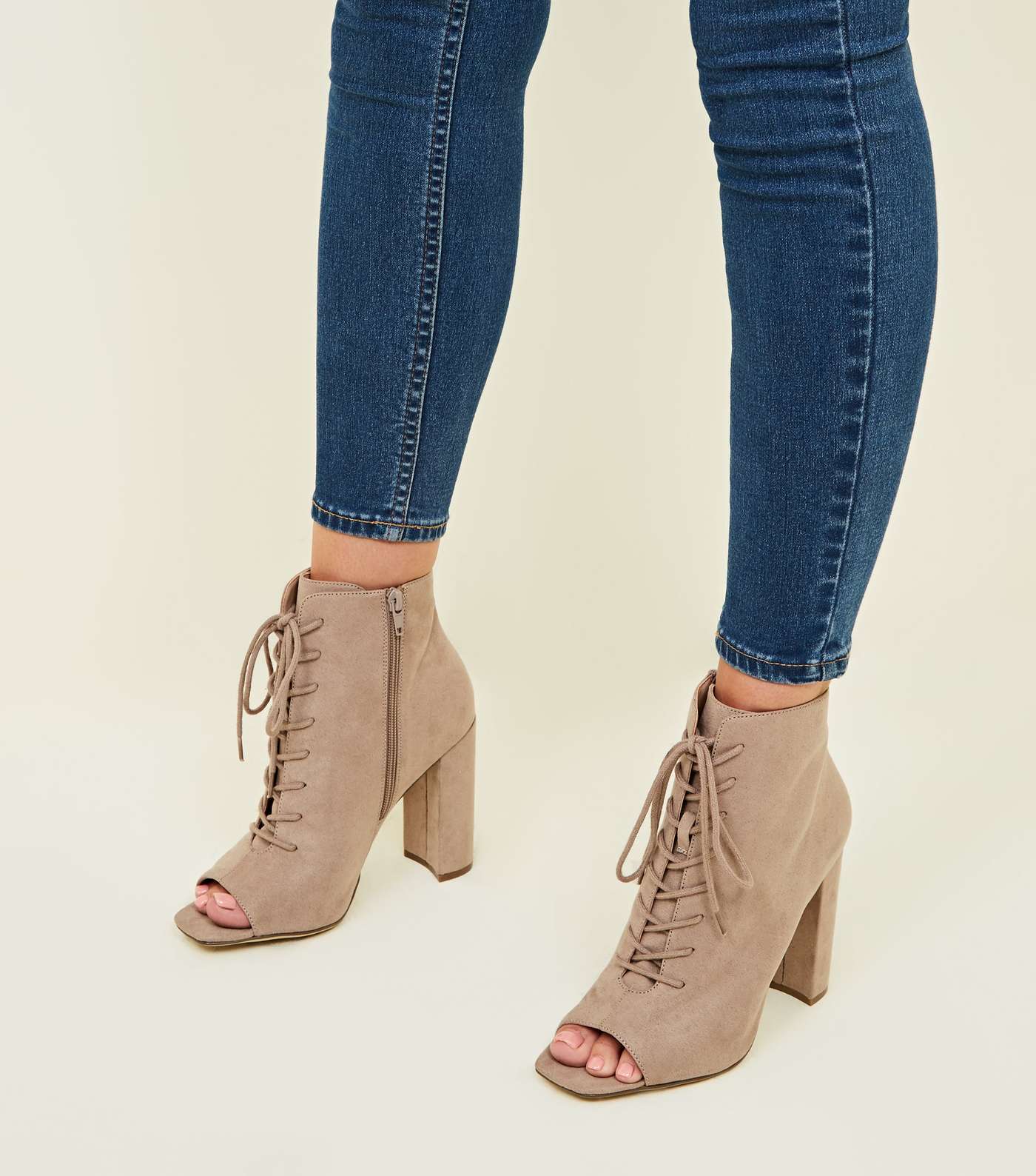 Brown Suedette Lace Up Square Toe Block Heels Image 2