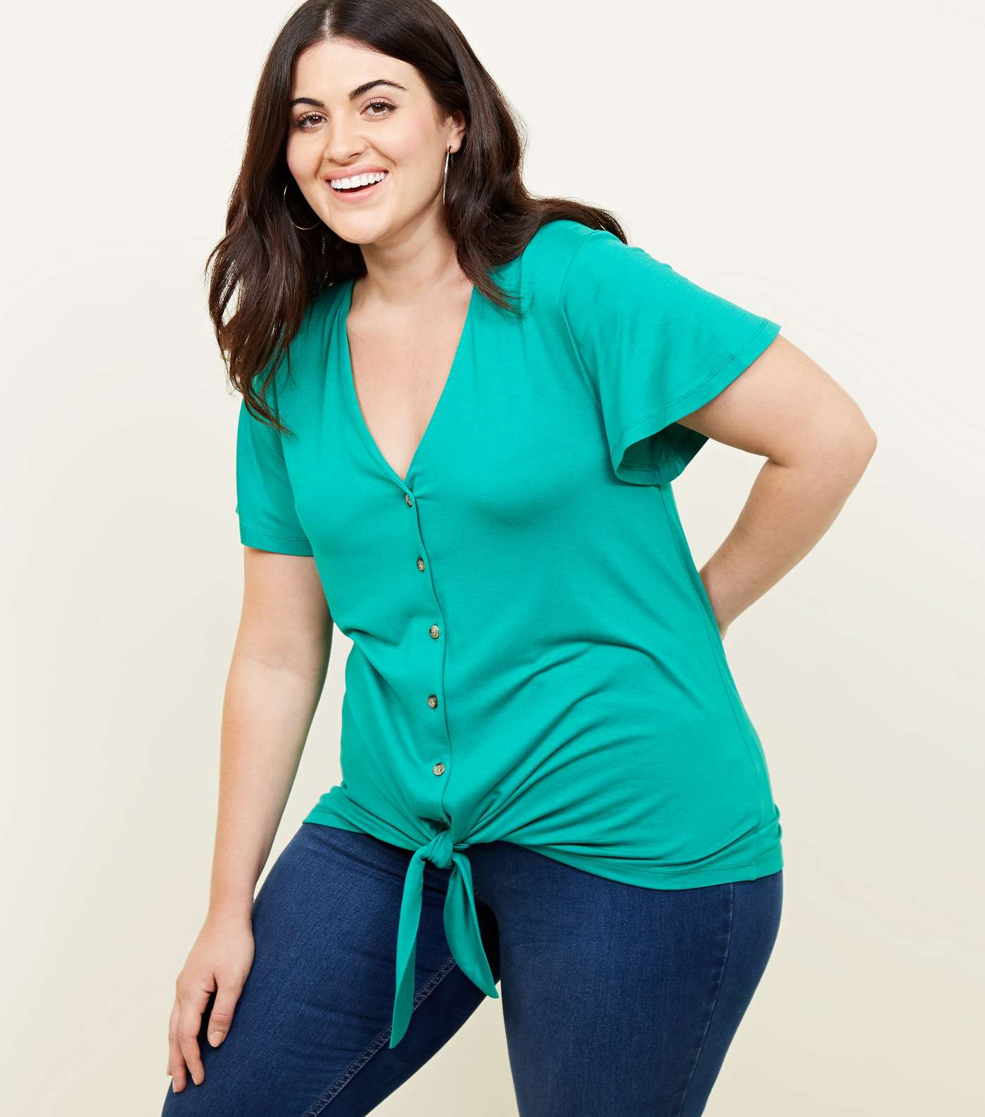 Curves Green Button Tie Front T-Shirt 
