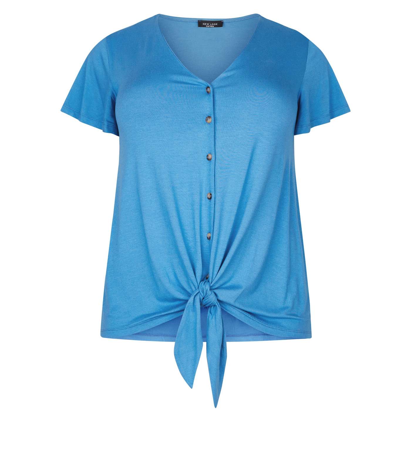 Curves Bright Blue Button Tie Front T-Shirt  Image 4