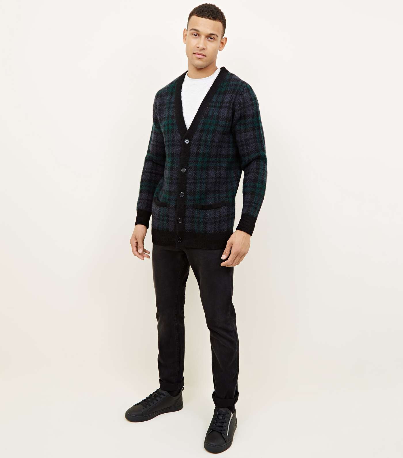 Dark Green Check Button Front Cardigan Image 2
