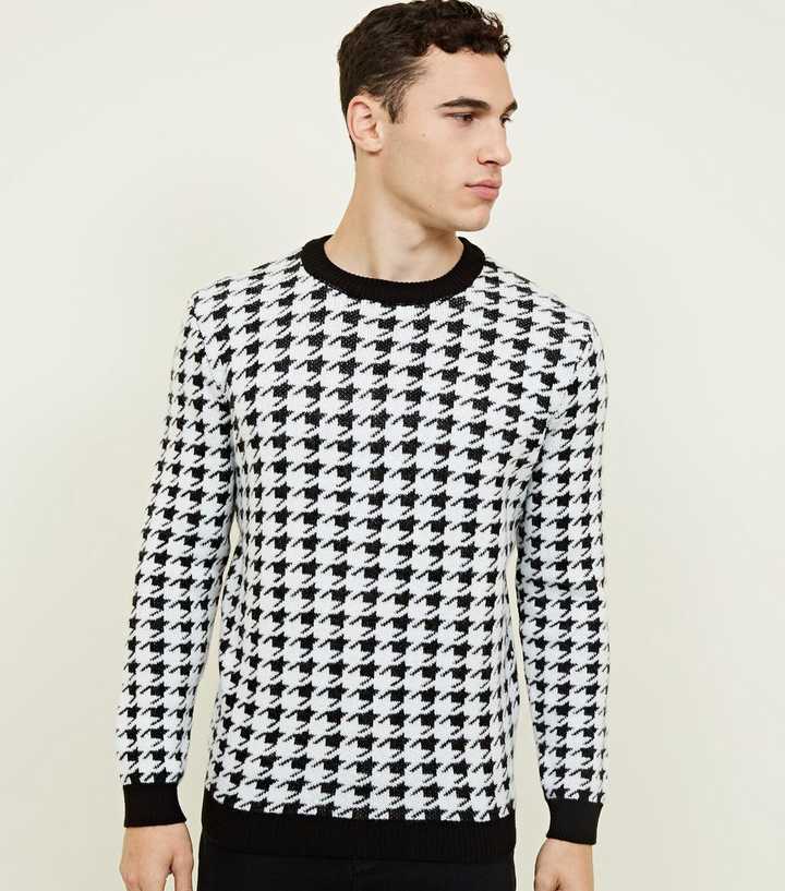 Black Houndstooth Check Crew Neck Jumper | New Look