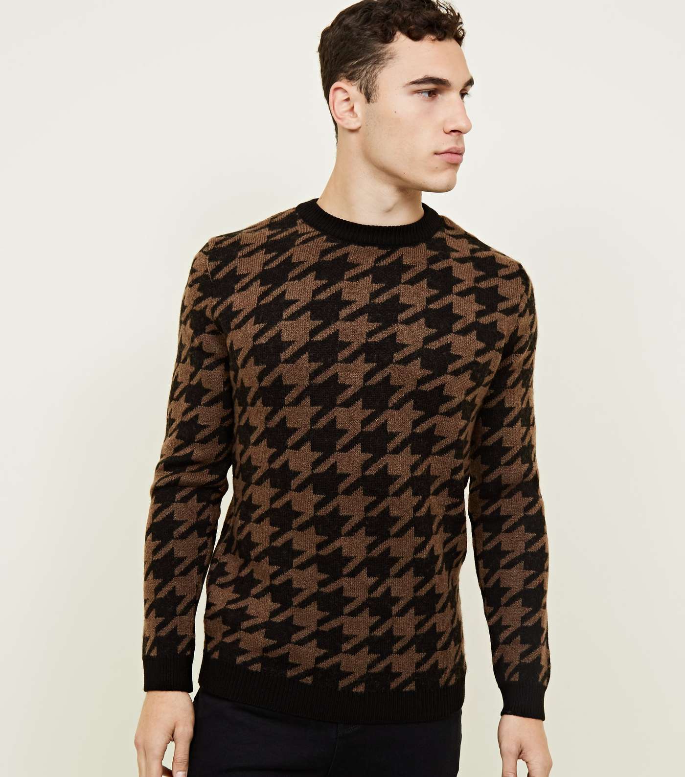 Rust Houndstooth Check Crew Neck Jumper