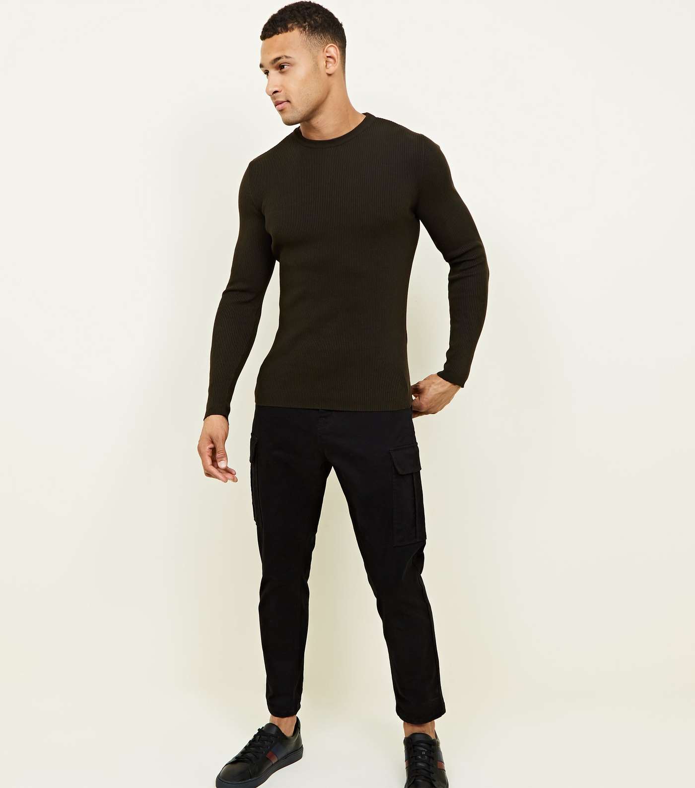 Khaki Muscle Fit Ribbed Jumper Image 2
