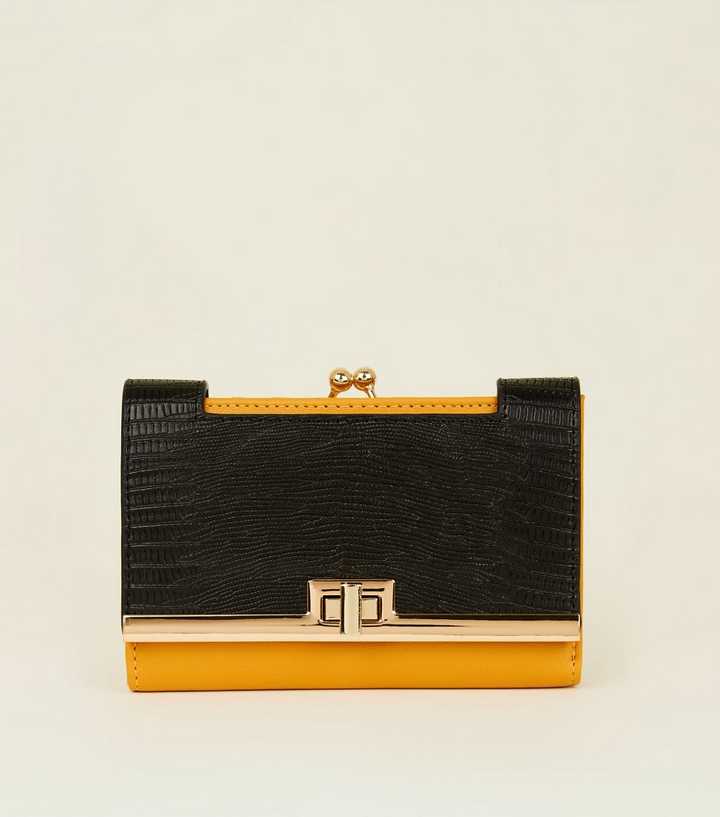 Mustard Faux Snake Clip Top Purse