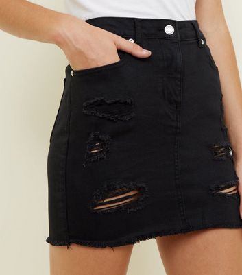 black ripped denim mini skirt