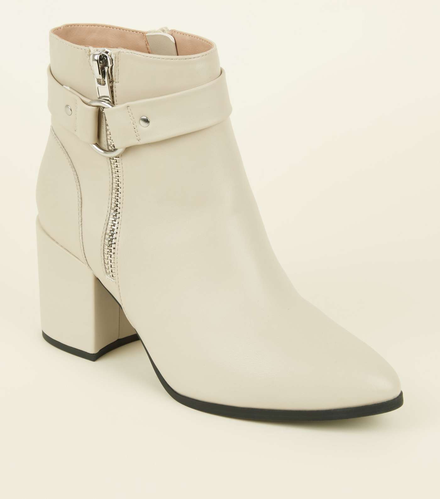 Wide Fit Cream Metal Ring Zip Side Pointed Ankle Boots