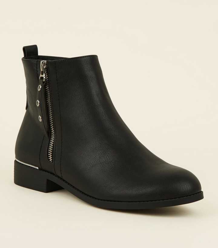 Wide Fit Black Eyelet Zip Side Flat Ankle Boots