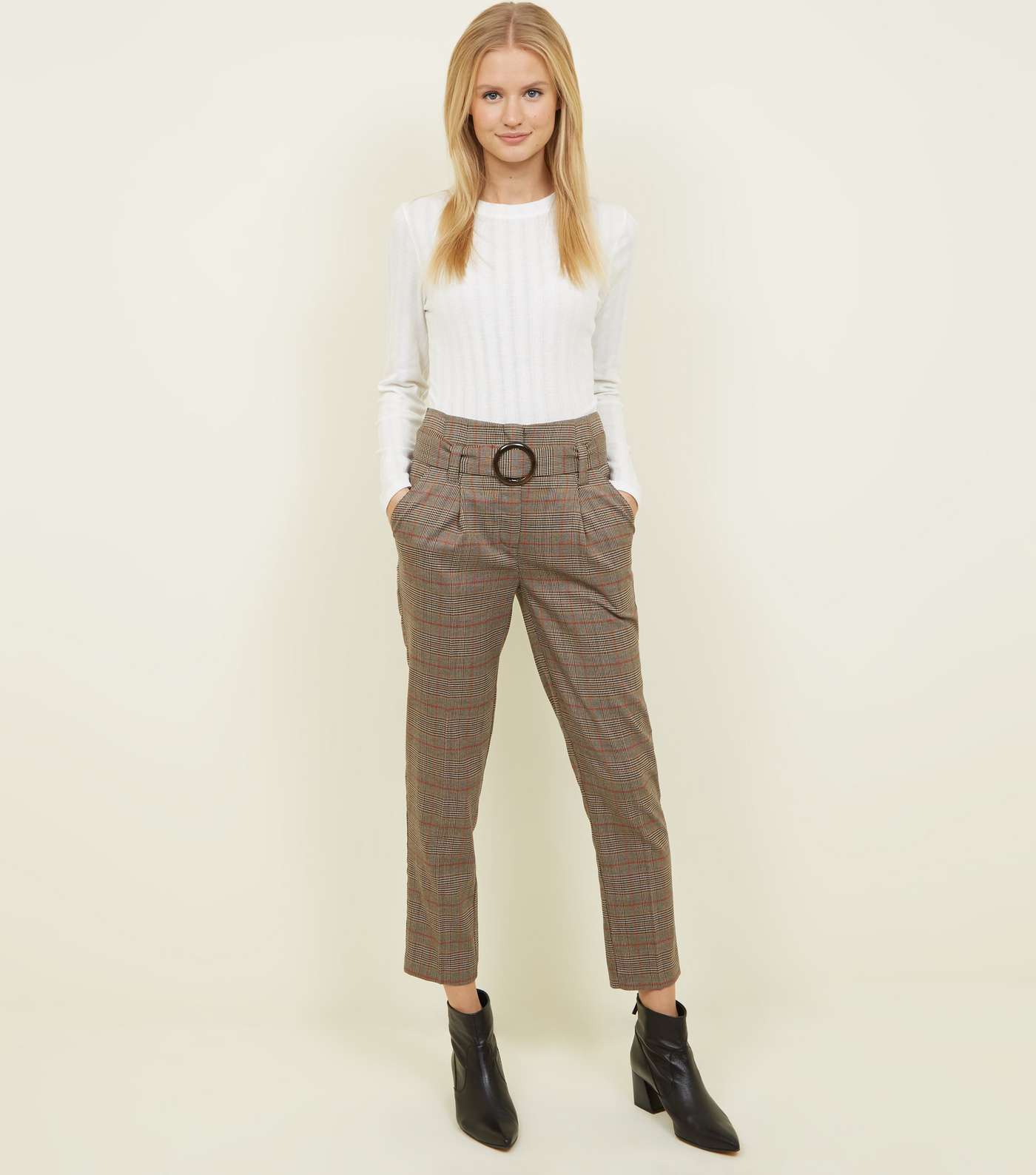Brown Check High Waist Belted Trousers