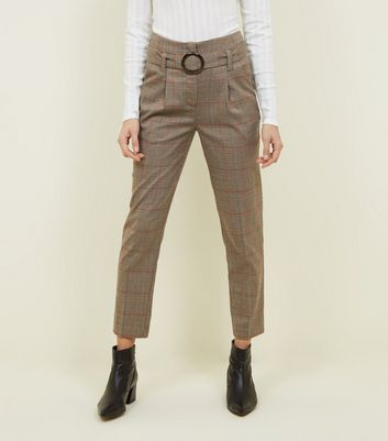 Brown Check High Waist Belted Trousers 