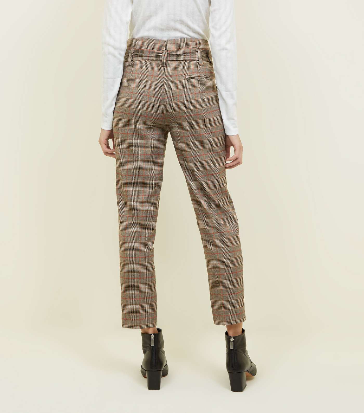 Brown Check High Waist Belted Trousers Image 3