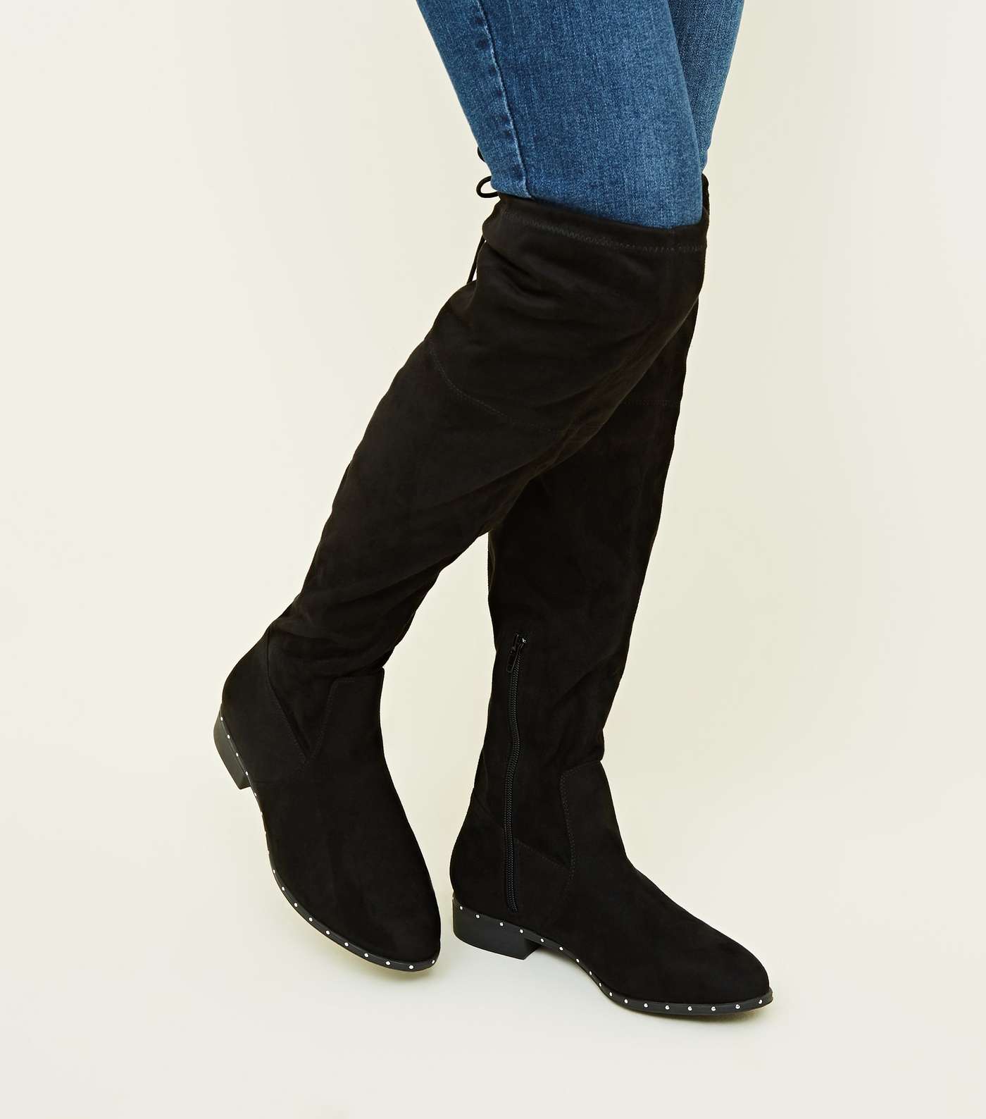 Wide Fit Black Stud Trim Over the Knee Boots Image 2