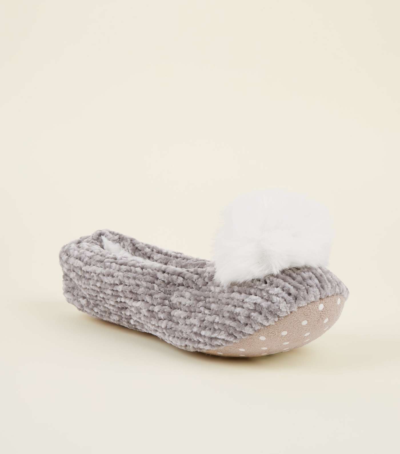 Grey Chenille Knit Pom Pom Slippers
